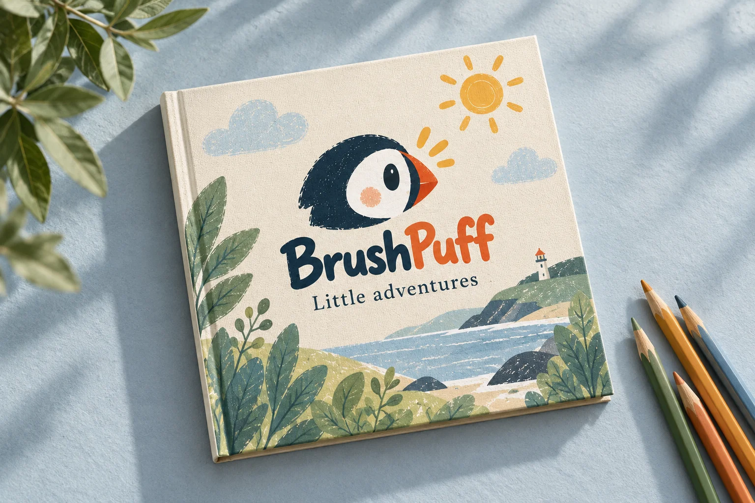 BrushPuff Little adventures book concept on a blue tabletop with colored pencils