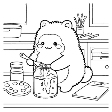 CuddlePuff mixes paint at a table with brushes, paint jars, and an artist’s palette.