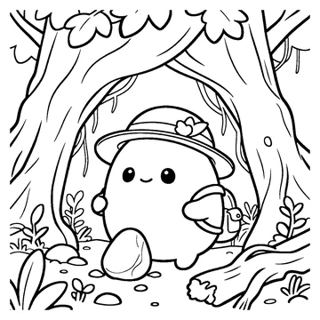 Egg explores a forest beneath arching trees, with a backpack and explorer hat.