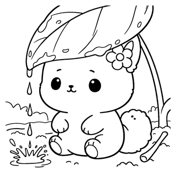 TinyPuff sits beneath a large leaf as raindrops splash into a puddle.